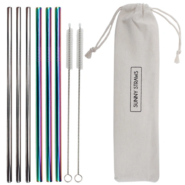 Silver & Rainbow Straws: Sip in Style. Reusable Set with Cleaning Brushes!